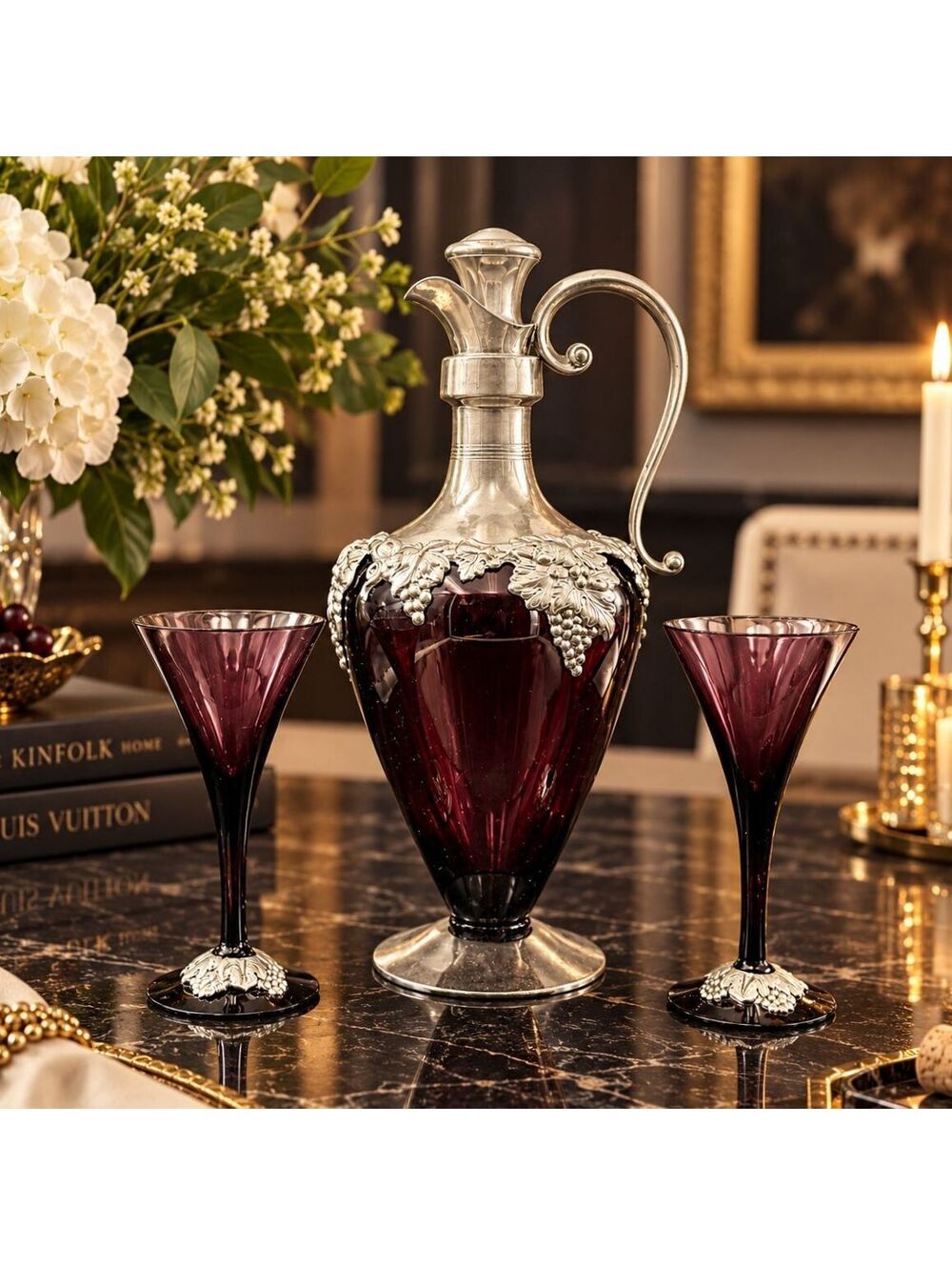 Rare Vintage Amethyst Glass Claret Jug Set 2 Cordials Silver Tone Grapevine